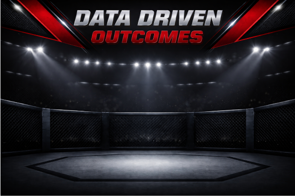 MMA octagon with 'Data Driven Outcomes' text in a dark arena setting